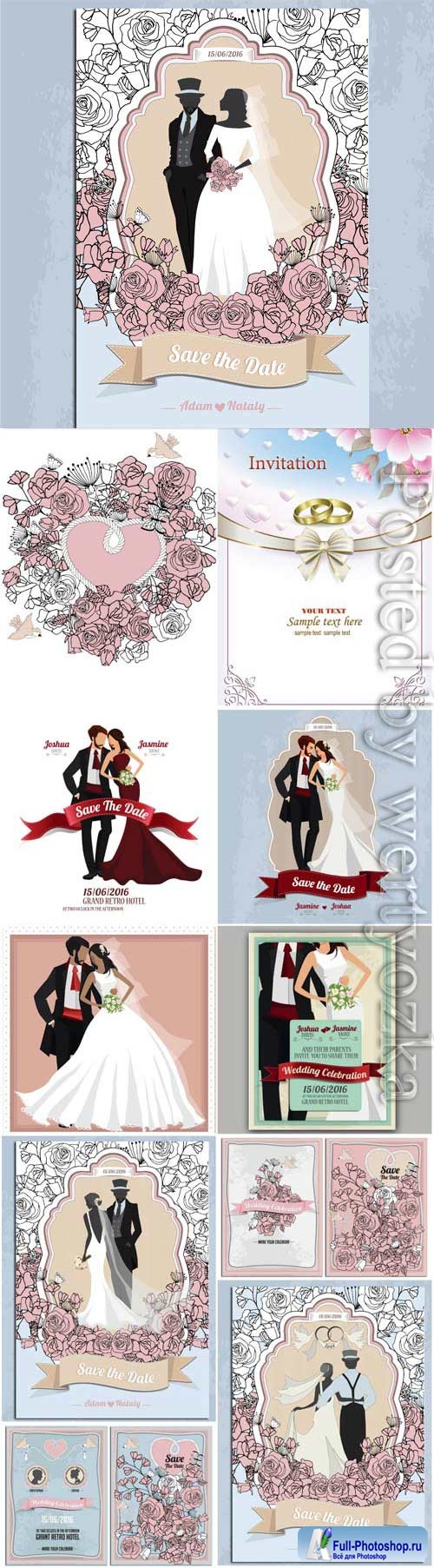 Wedding invitation cards with bride and groom in vector