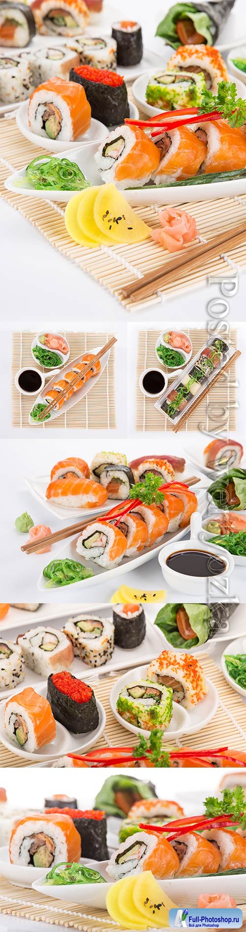 Sushi with wasabi and sauce, sets stock photo