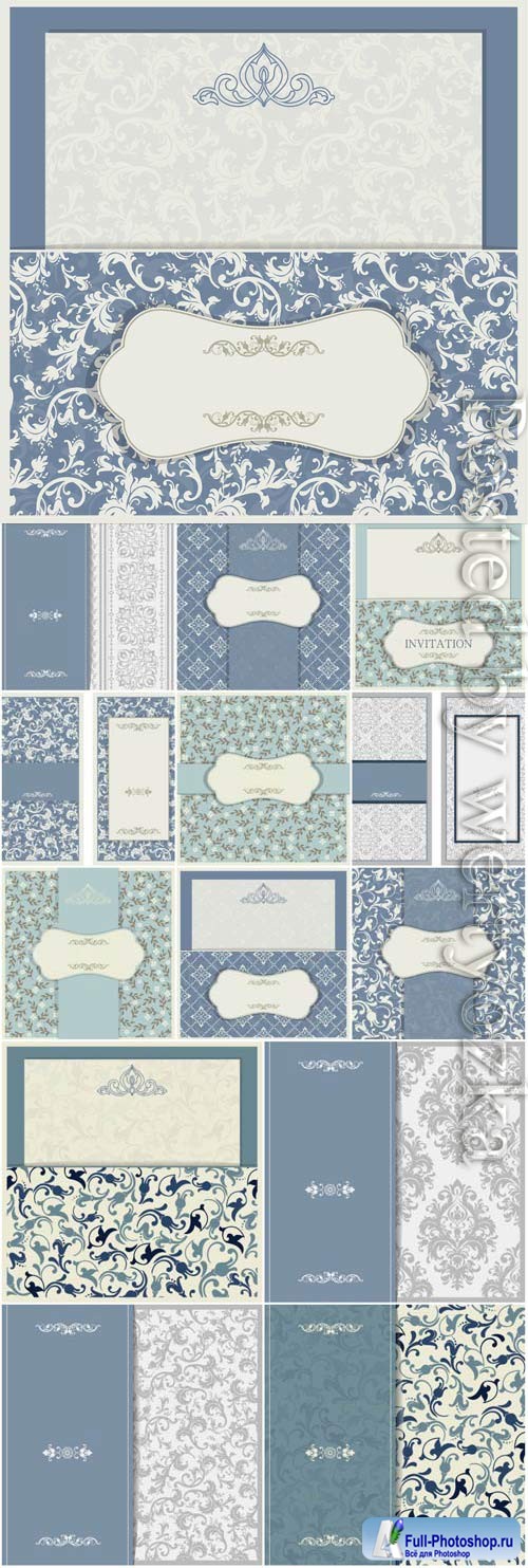 Wedding invitation cards with blue patterns in vector