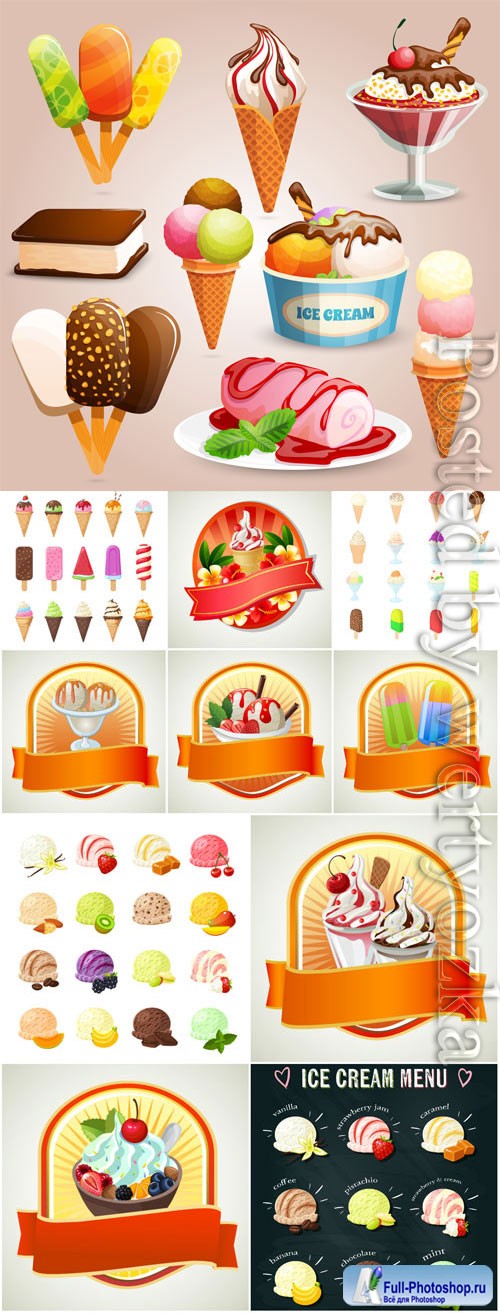 Ice cream and desserts labels in vector