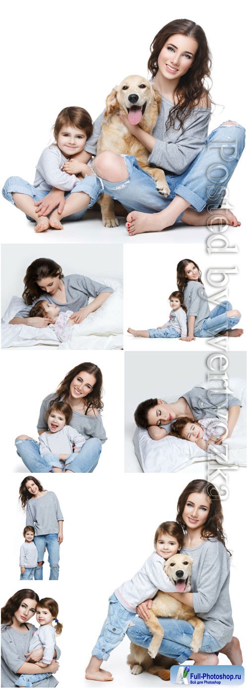 Young woman with baby and dog stock photo