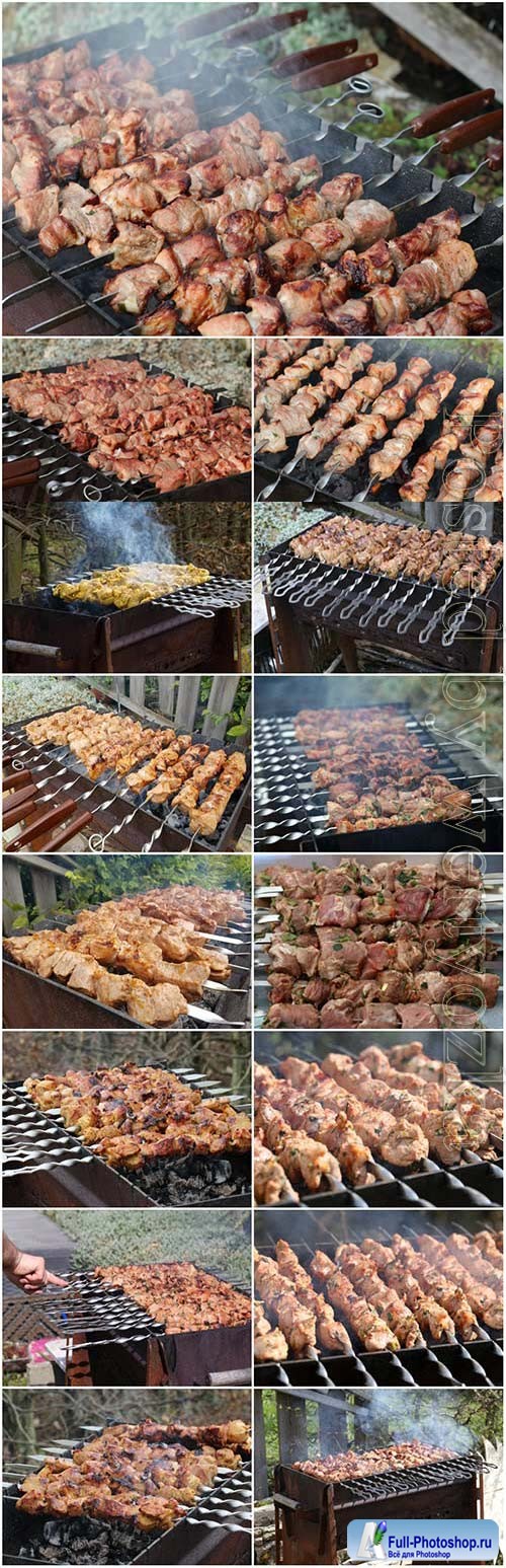 Roasted kebabs on the grill stock photos