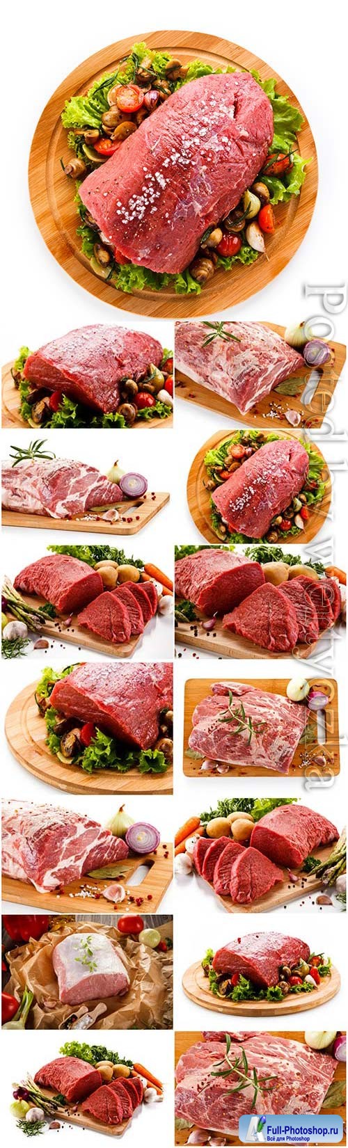 Fresh meat on a round wooden board stock photo