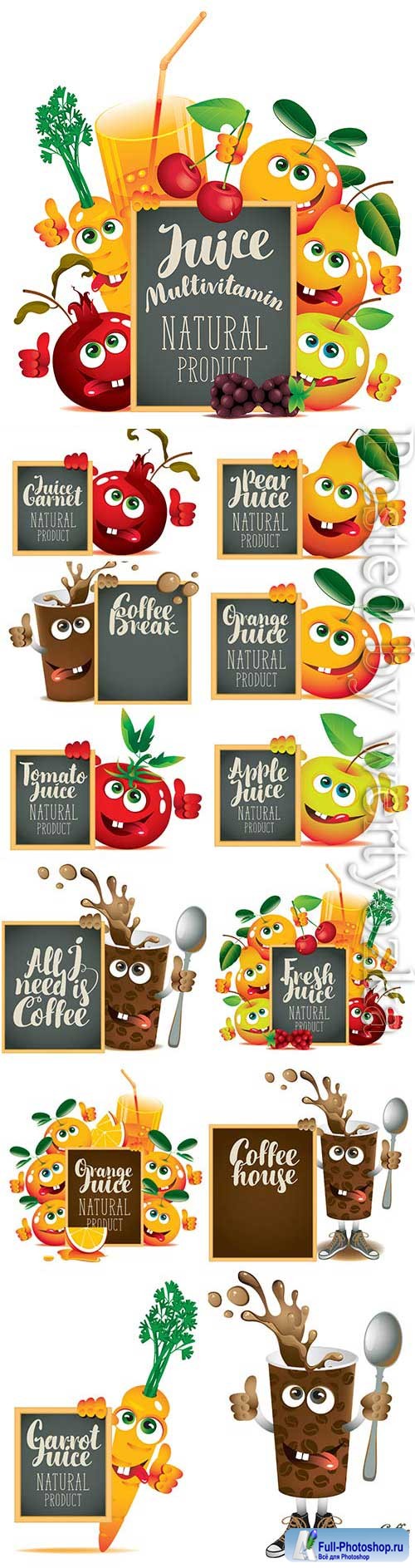 Cartoon fruits with blackboard for text in vector