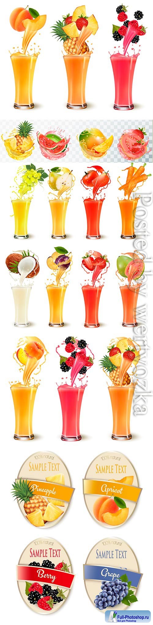 Fresh fruit and berry juices in vector