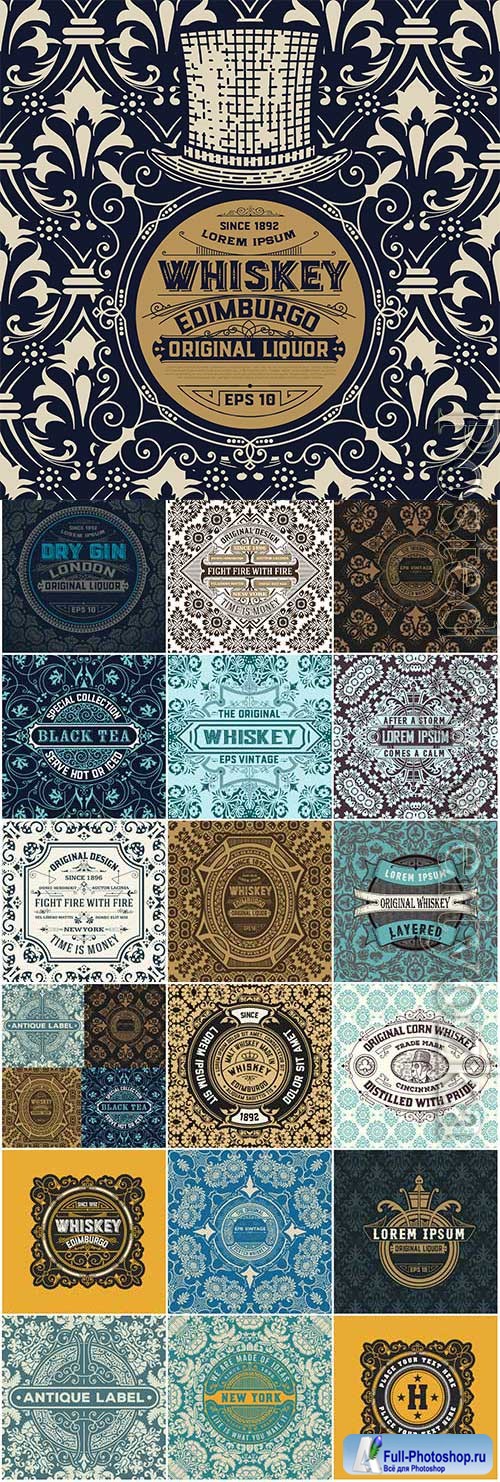 Vintage whiskey labels in vector