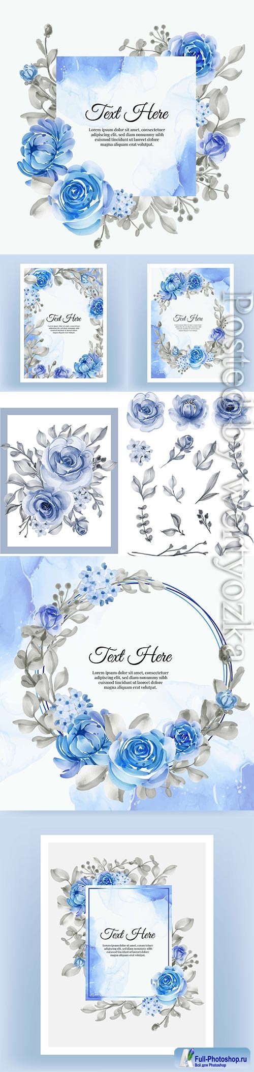 Watercolor illustration rose and leaf navy blue isolated clipart