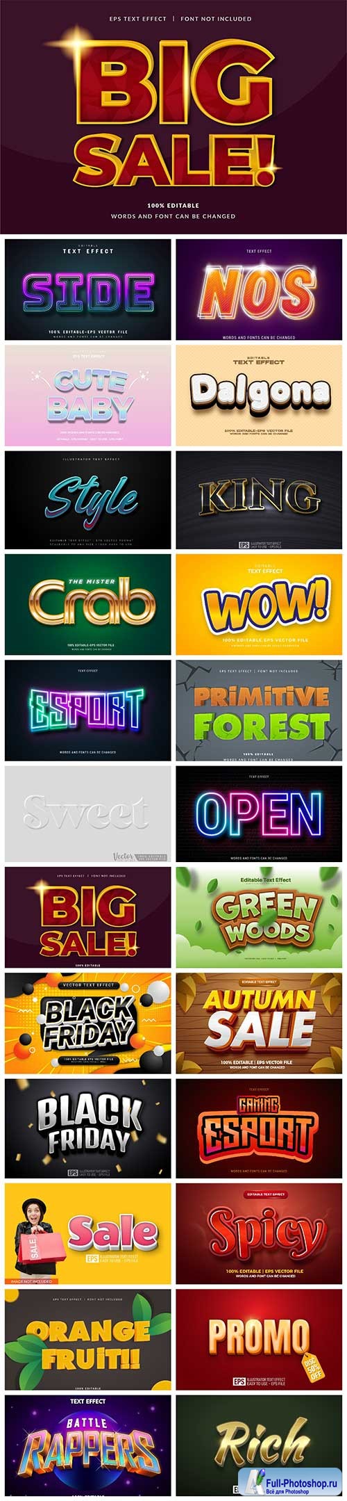 Set 3d editable text style effect vector vol 20