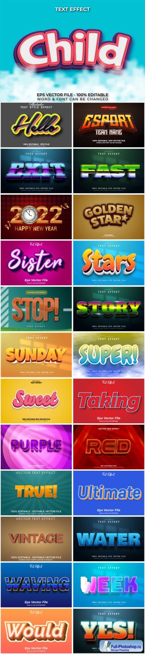 Set 3d editable text style effect vector vol 35