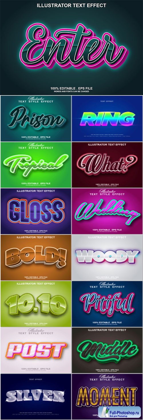 Set 3d editable text style effect vector vol 201